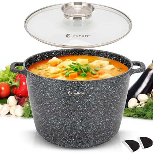 EliteHoff Kochtopf, Suppentopf aus Aluminiumguss mit Antihaftbeschichtung, Induktionstopf mit Glasdeckel, Für alle Herdarten inkl. Induktion, Gas, Elektro, Halogen, Keramik (Schwarz, 10L Ø 28 cm)