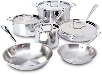 All-Clad D3 3-lagiges Edelstahl-Kochgeschirr-Set, 10-teilig, Induktion, ofenfest, 600 F, Küchen-Kochset mit Bratpfannen, Töpfen, Sautépfanne, Suppentopf und Suppentopf, Töpfe und Pfannen, Silber