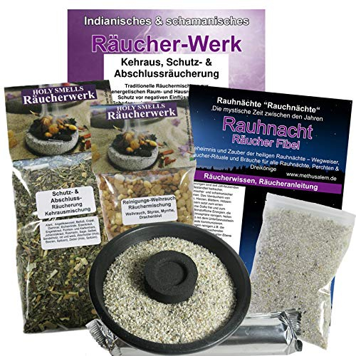 RAUHNÄCHTE: 7-TLG Räuchersortiment für Schutz, Energetische Hausreinigung, Abschluss und Kehraus - Für Alle Rauhnächte und Dreikönige - 2X Räuchermischungen, Rauhnachtfibel und Zubehör - 81175-S