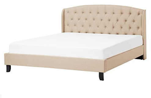 Bett Polsterbett beige mit Lattenrost 140x200cm Bettgestell Leinenoptik Bordeaux