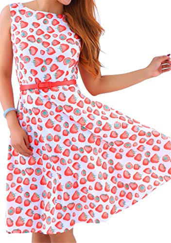 OMZIN Frauen Abendkleid Floral 50er Jahre Rockabilly A-Linie Sommerkleid Rundhals Skater A-Linie Kleid Rose 3XL