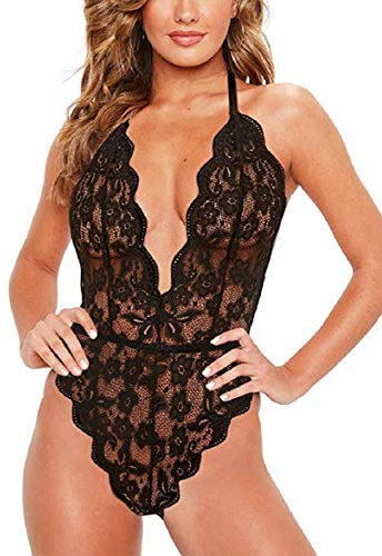 Tuopuda Lingerie Donna Sexy Hollow Halter Babydoll Trasparente Camicia da Notte in Pizzo Pigiama Vestaglia Lace Intima da Notte Scollo a V Erotico Sleepwear