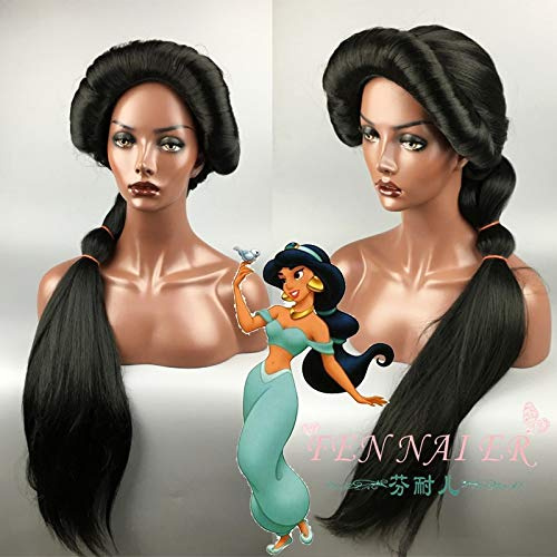 Cartoon Anime Jasmine Princess Cosplay Wig Long Braid Styled Slicked Back Heat Resistant Synthetic Hair Wigs + Wig Cap