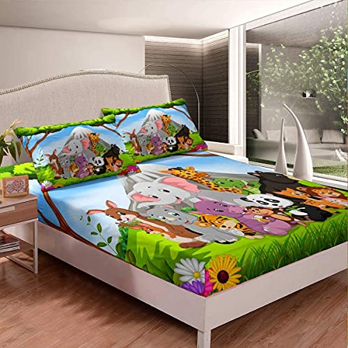 Loussiesd Kinder Bettlaken Set Karikatur Tier Bedruckte Spannbettlaken 90x200cm Kinder Jungen Mädchen Niedlichen Elefanten Giraffe Wildlife Safari Zoo Muster Spannbetttuch Schlafzimmer Sammlung