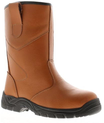 Tradesafe Safety Rigger Boots. Mens Steel Toe Cap S1-P SRC Tan Leather Work Boots with Steel Midsole Protection and Fur Lining Tan 10 UK