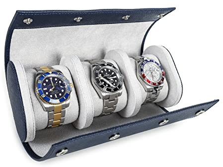 Hiram Custodia per Orologi Custodia da Viaggio per 3 Orologi Scatola Portaoggetti per Orologio da Viaggio in Vera Pelle Saffiano (Blu)