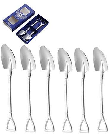 QiFun 6 Pcs Shovel Spoon, Stainless Steel Spade Spoon and Fork, Novelty Spade Teaspoons, Coffee Stirring Shovel Ice Cream Spoons Dessert Fruit Fork for Birthday Gift for Home(Silver) (Pointed Spoon)