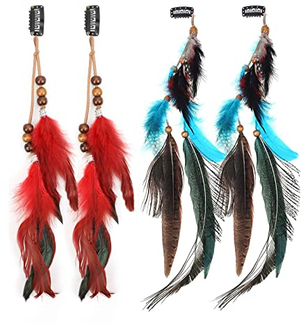 MWOOT 4 Stück Boho Federn Haarschmuck, Hippie Kopfschmuck mit Pfauenfedern, Clip-In Feder Haarspange für Damen Piraten Halloween Kostüm, Indianer Federschmuck Haarclips, Rot Feder Haarextensions