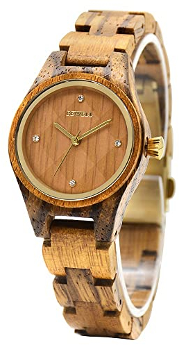 BEWELL Damen-Holzuhren Rhombisch bedrucktes Zifferblatt Diamantverziertes minimalistisches Quarzwerk Holz-Armbanduhr