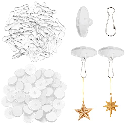 Sixfolo 50 Pièces Crochet Adhésif Plafond en Transparents Auto-adhésifs Crochet Plafond Sans Percer avec 50 Pièces Clips de Mât de Drapeau pour Plafond Mural FêTe Suspension Décorations