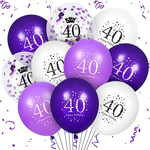 40th lila Geburtstag Ballons Dekorationen, 16 PCS lila weiße Konfetti Latex Ballons für Frauen Männer Happy Birthday Party Hochzeitstag Indoor Outdoor Party Supplies, 12 Zoll (40th)