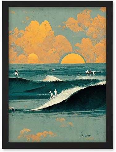 Wee Blue Coo Surfers Surfing Chasing Waves at Sunset Teal Mustard Abstract Oil Paint Artwork Framed Wall Art Print A4