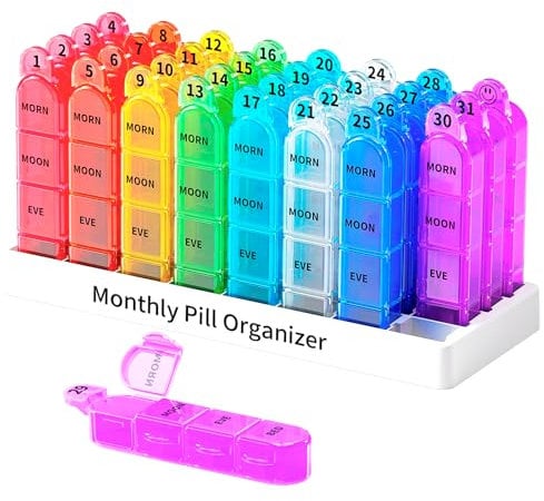 Zoksi Monthly Pill Box Organiser 4 Times a Day, 30 Day Tablet Organiser, 28 Day Dosset Box,One Month Medicine Storage Box with 31 Portable Compartments for Fish Oils, Vitamins or Supplements
