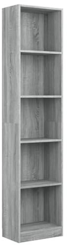 vidaXL Bücherregal, Bücherschrank 5 geräumigen Fächern, Standregal für Schlafzimmer Büro Wohnzimmer, Büroregal Aktenregal Regal, Grau Sonoma Holzwerkstoff