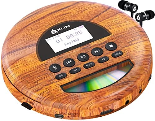 KLIM Nomad Tragbarer CD-Player Discman mit langlebigem Akku - Inklusive KLIM Fusion Kopfhörer - Mit TF-Reader, Radio FM, Bluetooth - Wood (Generalüberholt)
