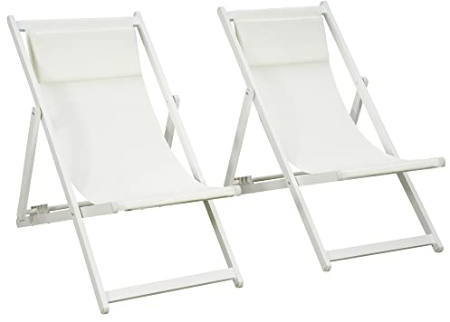 Outsunny 2er-Set klappbare Gartenliegen aus Aluminium mit 5-Fach Verstellbarer Rückenlehne und Kopfstütze für Terrasse und Garten 58x96,5x91,5 cm Weiß