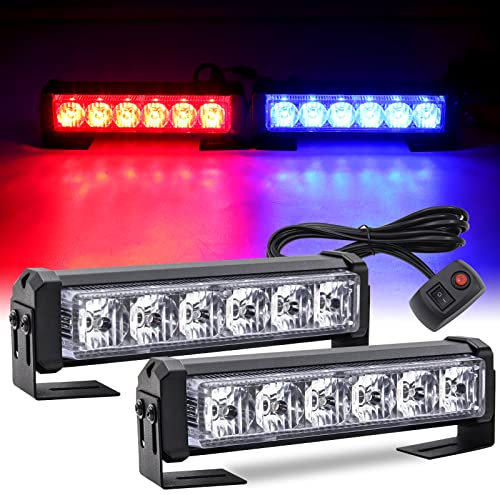 2x6LED 2 in 1 12V Barra luminosa stroboscopica di emergenza con pulsante interruttore, luce lampeggiante universale da 18W per auto, camion, DRL, luce della polizia, ambulanza, moto (rosso e blu)