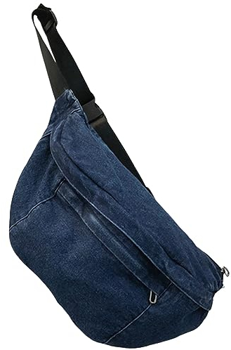 Sac banane en jean, grand sac à bandoulière, sac à bandoulière, sac de poitrine pour hommes et femmes, pour les voyages, la randonnée, le cyclisme, le camping, les sports de plein air, bleu foncé