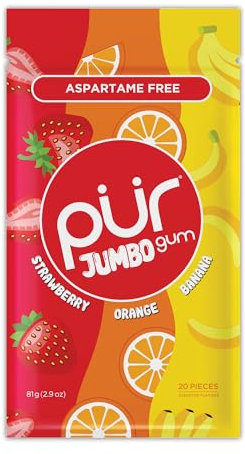 PUR Jumbo Gum | Gomme da Masticare Senza Aspartame | Con Xilitolo | Gusto Naturale Strawberry, Banana, Orange, 20 Pezzi (Confezione da 1)