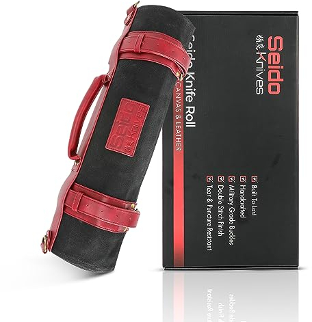 Seido Knives Professional Knife Roll Bag - Heavy Duty Canvas & Leather, Holds 18 Knives and Culinary Tools Including 12 Large Knives, with 4 Slots for Utensils and 2 Large Meat Cleavers