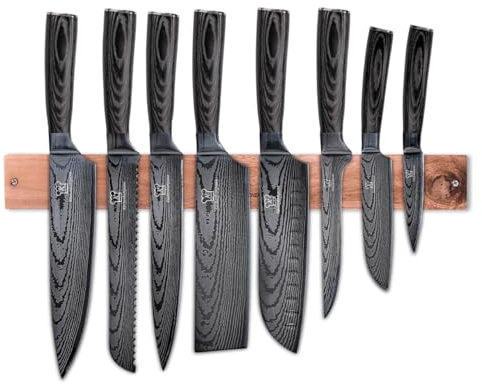 KÜCHENKOMPANE – Edelstahl Messerset Kurai mit magnet. Messerleiste als Messerblock | 4-teiliges Küchenmesser Set im Damast Design | Kochmesser mit ergonomischen Epoxid-Griff | Designed in Germany