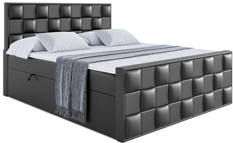 ALTDECOR Boxspringbett mit Matratze und Lattenrost, Boxbett, Fußteil, Topper, Polsterbett mit Bettkasten, Bett mit Stauraum H3-Matratze, Doppelbett -Zafira - 180x200 - Schwarz Kunstleder