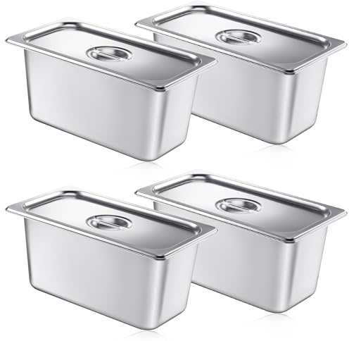Mifoci 4 Pack Stainless 1/3 Size x 6 Inch Deep Steam Table Pans with Lids