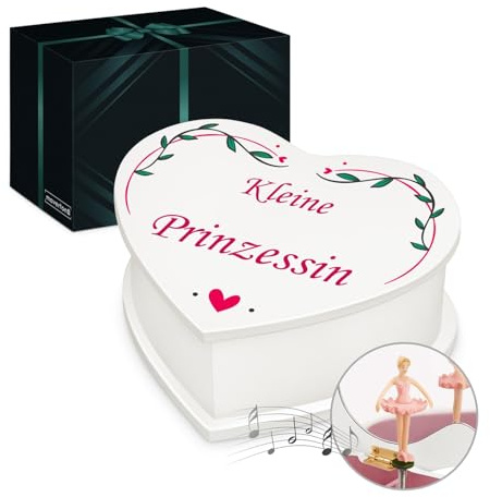 Maverton Herz Schmuckkästchen mit Aufdruck - Schmuckschatulle mit Spieluhr Ballerina - Musikschmuckdose in Herzform für Mädchen - Jewelkeeper zur Taufe zur Erstkommunion - zum Geburtstag - Prinzessin