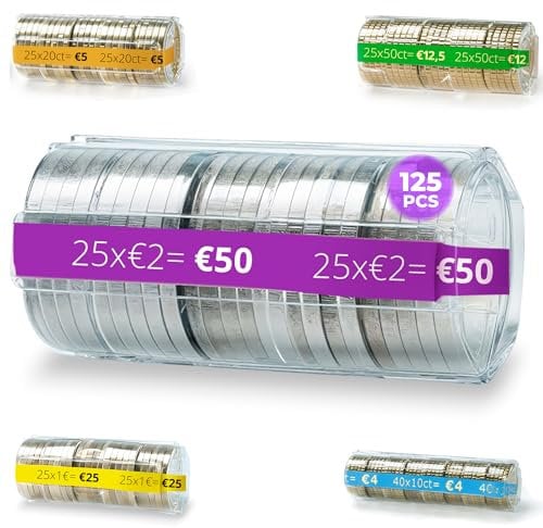 AF® - 125 Münzhülsen für 2 Euro Münzen | Europäisches Format, Organisieren und Schützen Sie Ihr Bargeld, Münzrollen Kunststoff