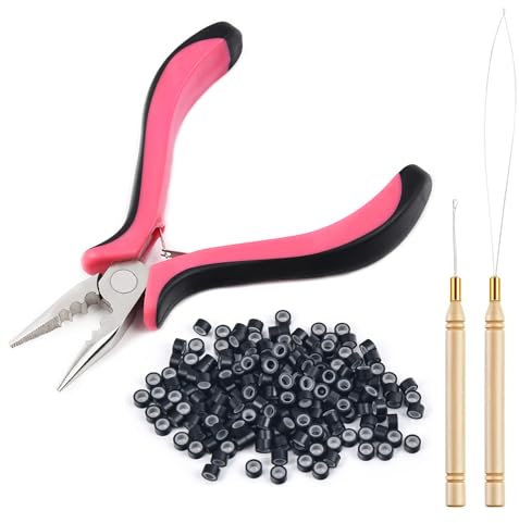 Vlasy Hair Extensions Pliers Kit with 3 Holes Pliers,Loop Needle Threader,Pulling Hook Needle and 100Pcs 5.0mm Silicone Micro Rings Beads for Hair Extensions or Hair Tinsel(Black)