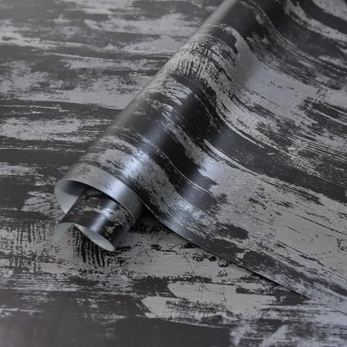 TOTIO Adhesive Film, Black Silver Self-Adhesive Wallpaper, DIY Vinyl Wall Sticker, Decorative Film, Waterproof Furniture Sticker, Dark Abstract Concrete Wallpaper, 40 cm x 9 m, Matt, Thickened,