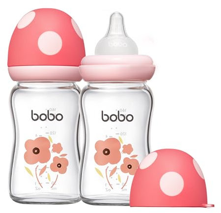 YOHKOH Natural Response Weithals-Babyflasche aus Glas, Anti-Kolik Baby Glas Flaschen mit Ultraweiches Silikon-Sauger, für Neugeborene Babys (Rot, 160ml (2er Pack))