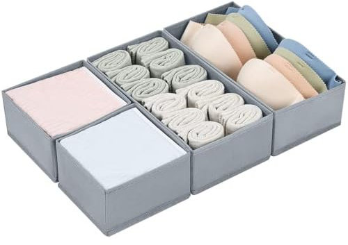 Homsorout Organizer per Cassetti Armadio - Divisori per Cassetti Contenitori per Guardaroba Organizzatore Cassetti per Calze, Pantaloni, Biancheria Intima, 4 Pezzi Grigio
