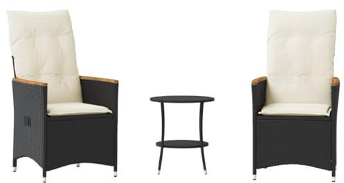 vidaXL Bistro Set 3-TLG., Balkonset mit Kissen Stahlrahmen, Sitzgruppe für Garten Terrasse, Gartenmöbel Gartengarnitur, Schwarz Poly Rattan