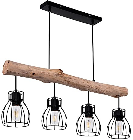 Hängeleuchte Holzbalken natur Pendelleuchte Käfig schwarz Hängelampe Holz Landhausstil, schwarz, 4x E27 Fassungen, LxBxH 82,5x13,6x140 cm