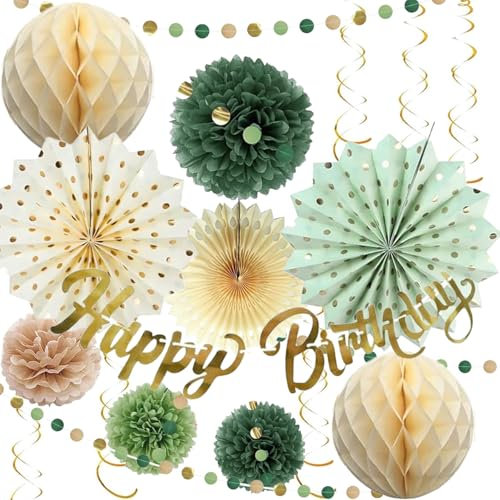 Salbei Grün Geburtstag Dekorationen, 17Stück Pompons für Geburtstag Party Deko, Salbeigrün Creme Gold Seidenpapier, Seidenpompons, Papierfächer, Salbeigrün Party Dekorationen für Hochzeit, Geburtstag
