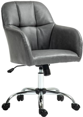 HOMCOM Computer Desk Chair, PU Leather Swivel Office Chair, Makeup Vanity Chair with Height Adjustable, Wheels, for Home Study Bedroom, Grey