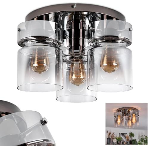 HOFSTEIN Deckenleuchte Hasvik, 3-flammige Deckenlampe aus Metall/Glas in Schwarz/Chrom-/Rauchfarben/Klar, Leuchte im Retro/Vintage-Design (Schirme Ø 15 cm), E27, Esszimmer, Wohnzimmer, Küche, Flur