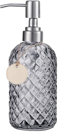 Topsky Glass Soap Dispenser with Siliver Metal Pump - 400ml Liquid Hand Soap Dispenser - Rustproof Pump for Kitchen & Bathroom, Great for Lotions, Essential Oil, Liquid Soaps Grey
