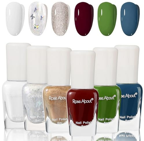 6 Farben Nagellack Set - Weinrot Grün Weiß Nagellack auf Wasserbasis, Abziehbar, Schnell trocknender, Ungiftig, Nail Polish Geeignet für Hochzeiten, Valentinstag, Geburtstagsfeiern, 8ml