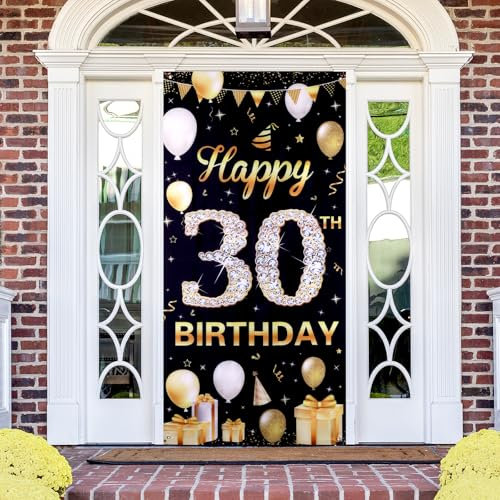 Huiguli 30 Geburtstag Deko Banner Frauen Mann, 30 Geburtstag Poster Hintergrund Banner, Happy Birthday Geburtstagsbanner 30 für Party Geburtstagsdeko, Schwarzes Gold, 90 x 185 cm