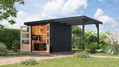 CHILLROI® Karibu Gartenhaus Hollywood aus Metall + Holz, in 2 Größen und 3 Farben, optional mit Anbaudach (anthrazit, XL - mit Anbaudach)