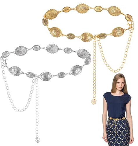 fengxuanwl 2 Stück Kettengürtel Damen, Metall Taillenkette, Verstellbare Hüftkette, Fashion Vintage Waist Chain für Kleider, Jeans, Hemden, Jacken (Gold und Silber)