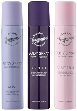 Designer Fragrances 3 Pack Assorted Aromas Bundle - Tu Est Belle, Orchyd, Alise - Women's Body Spray Deodorant Cans - For Instant Freshness on The Go - Long Lasting Smell, Great Gifts - 100ml