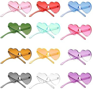 DAJOOEE 12er Set Gafas de Fiesta Partybrillen | Herzförmige & Bunte Sonnenbrillen | Ohne Rahmen & Hippie-Design | Perfekt für Karneval, Weihnachten, Stylische Accessoires für Kostümpartys