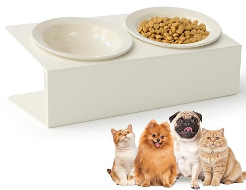 I INIADA Comedero Gato con Cuencos de Cerámica - Comedero Perro Elevado Antideslizante - Cuenco Doble Inclinado 15º para Todo Tipo de Gatos y Perros pequeños.