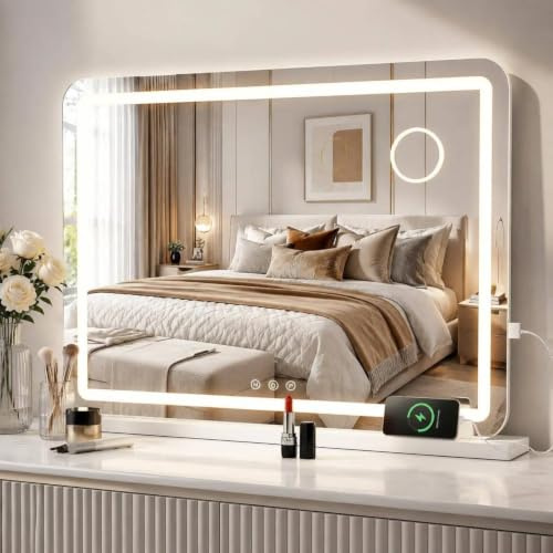 Clevich Hollywood Schminktisch Spiegel mit Beleuchtung 80x60cm für Make-up | USB- & Typ-C Anschluss, 3 Lichtfarben Dimmbar Touchscreen, 10X Lupe, Tisch / Wand, Badspiegel fur Hollywood Vanity Setup
