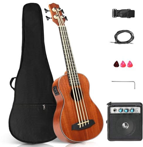 Ktaxon Electric Acoustic Bass Ukulele, 30 inch Mahogany Ukelele with EQ, Professional with 5W Amp E-A-D-G Ideal for Performances and Practice, Includes Gig Bag, Capo, Strap, Picks