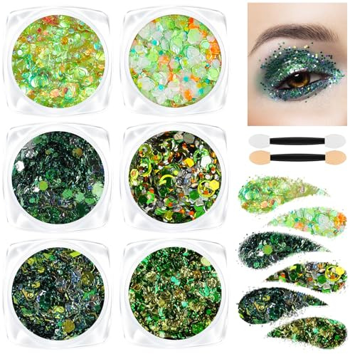 AOOWU Body Glitter Gel, 12 Farben Festival Glitzer Gesicht Gel Pailletten mit Pinsel, Karneval make up Glitzer Face Body Glitter Schminke für Halloween Birthday, Grünes Feld#16