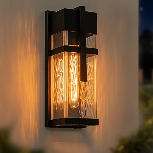 FTL Aussenlampe Wand mit Wassergeriffeltes Glas, Rechteck Außenwandlampe, Mattschwarz Aussenleuchten Hauswand, E27 Außenlampe Wand Laterne, IP44 Wasserdicht Aussen Wandleuchte für Veranda, Garten